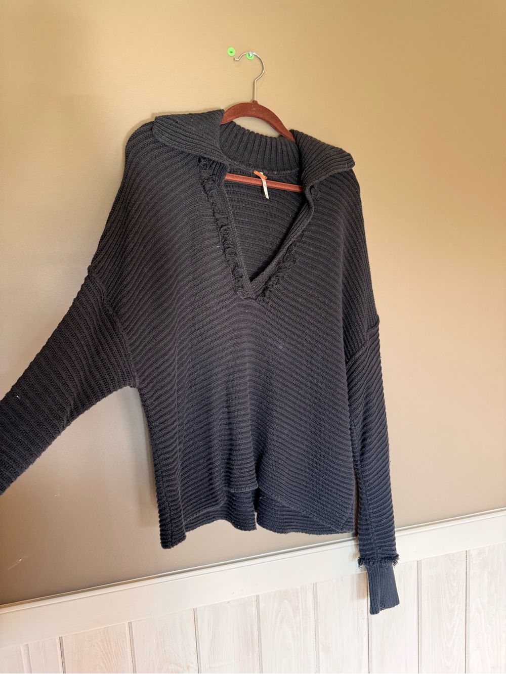 Free People Black Ribbed V-Neck Hooded Sweater